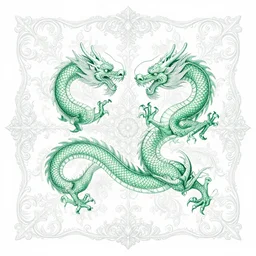 full - body green chinese dragon, wisdom, good and evil, scrollwork + rococco + baroque + white ink + magical + symmetrical + detailed intricate + heraldic design + atmosphere + by peter mohrbacher and kentaro miura + high details, in the style of jean delville, artstation, 8 k, tarmo juhola, ivan laliashvili,