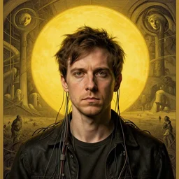 Portrait Masterpiece, Thom Yorke, yellow, golden halo behind her head, wires everywhere, by Edgar Maxence and Ross Tran, Zdzisław Beksiński, and Michael Whelan, distant, gustav dore, H.R. Giger, 8k, octane render
