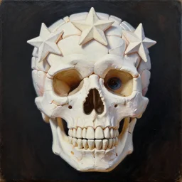 intricate five star skull made out of marshmallows portrait by pablo picasso, oil on canvas, hdr, high detail, photo realistic, hyperrealism, matte finish, high contrast, 3 d depth, centered, masterpiece, vivid and vibrant colors, enhanced light effect, enhanced eye detail, artstationhd