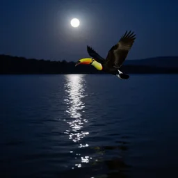 a toucan flying on a lake, midnight, lake, reflections, dark, mystery, wavy lake, moon light