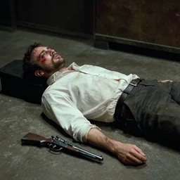 film still of a wounded man in a white shirt laying in a warehouse next to a gun on the ground. moody, grainy, 4 k, high detail, aesthetic, good composition, anatomically correct, directed by quentin tarantino,