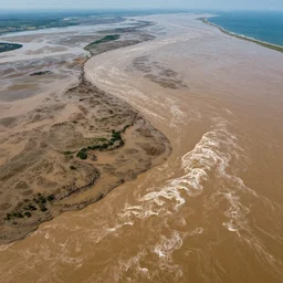 top view of muddy river delta leading to sea by hiroshi yoshida, ridley scott, roger deakins, turner, rothko, hyperrealism, turbulent alien vivid landscape, matte painting, fluid simulation, trending on artstation, 8 k high detail concept art, rendered in octane