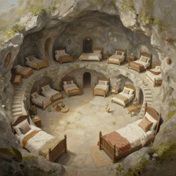 painting of a series of living quarters overlooking communal area of a hidden, cozy ring - shaped complex carved inside a mountain, cozy bed, well maintained, clean, medieval, fantasy genre, natural light, fantasy, natural light, concept art, by greg rutkowski and craig mullins, cozy atmospheric and cinematic lighting, trending on artstation