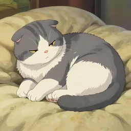 bicolor gray and white Scottish Fold English Shorthair mix. napping cat on comforter. cozy scene. beautiful anime by studio ghibli.