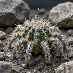 professional photo shot of a scutigera cactus made of silica crystal spikes, melted with rocks in the background, microscopic picture, droplets of water, grimy, gritty, trending on artstation, award winning, close shot, by aleks labuda and barry webb