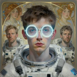 future coder looking on, round glowing glasses and neon lights, rim lighting, desaturated headshot portrait painting by dean cornwall, ilya repin, rhads, tom whalen, alex grey, alphonse mucha, donoto giancola, astronaut cyberpunk electric fashion photography
