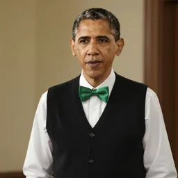 realistic photo of obama wearing a black sweater vest and a green bow tie, still from riverdale