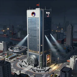 Concept Art Illustration of neo-Tokyo Bank Headquarters, in the Style of Akira, Syndicate Corporation, Anime, Dystopian, Highly Detailed, Helipad, Special Forces Security, Blockchain Vault, Searchlights, Shipping Docks, For multiplayer Stealth fps bank robbery simulator, Inspired by MGS2 + Ghost in the shell SAC + Cowboy Bebop :4 by Katsuhiro Otomo : 8