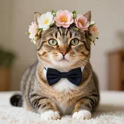 fancy cat, ring bearer, handsome boi, kitty man, bow tie, tabby, flower crown
