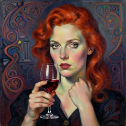 portrait of a auburn hair, female, teacher, red wine, in heightened detail, poised, intense emotion, detailed facial expression, 8 k, hyperrealistic, detailed surroundings, intricate, elegant, highly detailed, centered, digital painting, cgsociety, concept art, smooth, sharp focus, illustration, by robert delaunay endless rhythn wlop