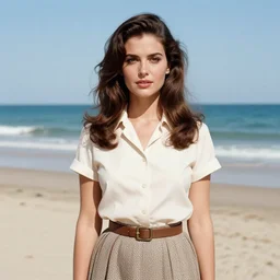 “ gorgeous brunette model posing on the beach shirt and skirt, 1 9 6 0 ’ s fashion, 1 5 0 mm f 2. 8, face shot, hasselblad, photo by brian ingram, high quality, symmetrical face, clear skin, 4 k ”