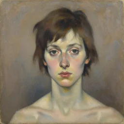 expressive medium shot portrait of a young woman with tomboy short brown hair, brown and blue palette, oil painting, muted colors, artwork by lucian freud