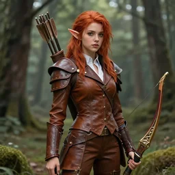 Beautiful Teenager Half-Elf girl, messy red hair, light brown skin, full leather armor, ornamental Bow, huge arrow quiver, tsundere, borwn suit, forest, by Leng Jun, trending in artstation, artstationHD, artstationHQ, high fantasy
