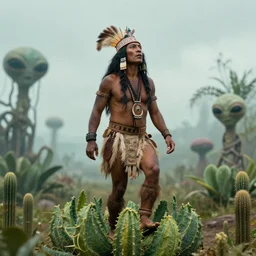 photograph of a prehistoric shaman walking in amazement on an alien plant