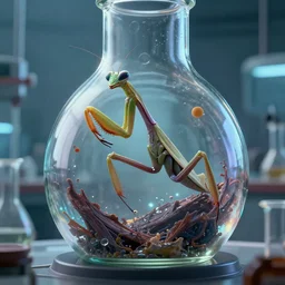 a highly detailed mantis - like alien creature escaping from the inside!!!! of a flask! in a biotech lab, from love death and robots ( 2 0 1 9 ). coherent portrait, intricate, elegant, suspense environment, digital photo, trending on artstation, hdr photo, smooth, sharp focus