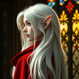 side - view portrait of a pale elf, long white hair, elf ears, red coat, gothic stained glass window, masterful, backlit