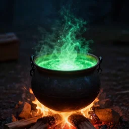 a cauldron filled with a magical green glowing potion hanging above a campfire, night, fantasy