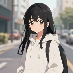 black haired girl wearing hoodie, city, pixiv ranking