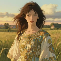 gorgeous beautiful supermodel, countryside backdrop, art by studio ghibli and ilya kuvshinov, portrait, intricate, golden hour lighting. highly detailed, sharp focus, digital painting, trending on pixiv fanbox, trending on artstation, concept art, sharp focus, illustration art by artgerm and greg rutkowski and alphonse mucha