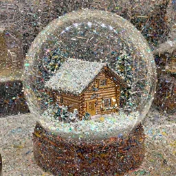 A snowglobe on display with a log cabin inside.