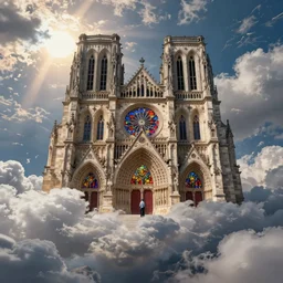 breathtaking detailed digital painting of a detailed cathedral flying in white clouds in the sky, above the skies with the sun shining through tumultuous clouds, colorful stained glass with one person standing in front, rembrandt style, hyper detailed, volumetric lighting, concept art, matte, sharp focus, 8 k, by alfons mucha, tom bagshaw, and greg rutkowski