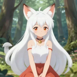 a cute white long haired anime foxgirl in a forest