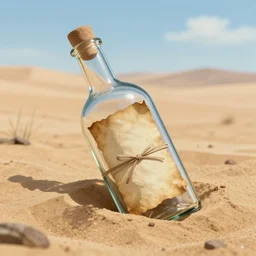 a breathtaking incredibly detailed realistic clear glass bottle with a rolled up old parchment inside tied with a ribbon, partially buried in a sandy arid desert, by makoto shinkai and beeple, trending on artstation and cgsociety, cinematic lighting