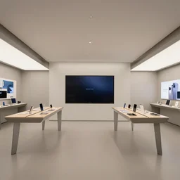 (2030s flagship retail interior Samsung Microsoft Apple muted colors.) XF IQ4, f/1.4, ISO 200, 1/160s, 8K, RAW, unedited, symmetrical balance, in-frame !!!!!!!!!!!!!!!!!!!!!!!!!!!