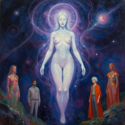 a beautiful painting of a feminine cosmic dmt entity of the upper planes by artgerm and alex grey and wlop and wes anderson and spike jonze, trending on artstation