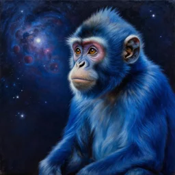 wise blue monkey looking out over the universe, melancholy, oil on canvas, intricate, 8 k highly professionally detailed, hdr, cgsociety