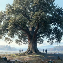 A landscape with a giant oak tree in the winter morning, Low level, rendered by Beeple, Makoto Shinkai, syd meade, simon stålenhag, environment concept, synthwave style, digital art, unreal engine, WLOP, trending on artstation, 4K UHD image, octane render,