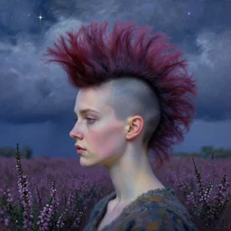 closeup, giant flower head mohawk, woman in heather field, surreal photography, starlight, storm clouds, impressionist painting, digital painting, artstation, simon stalenhag