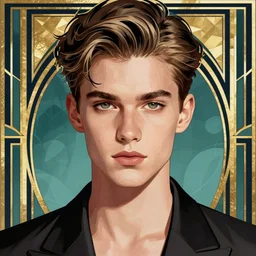 art by Ilya Kuvshinov, Patrick Nagel, art deco, art nouveau, portrait of a beautiful young slender teen male fashion model, beautiful face, symmetrical face, fashion magazine photo, beautiful eyes, semi realistic anime, anime! 4k