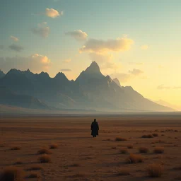a beautiful hyper realistic detailled matte painting of a serene landscape with a dull plains with a black colossus god walking in the foreground and mountains in the background at early evening, by john howe and greg rutkowski and albert bierstadt, unreal engine, trending on artstation, barometric projection, rectilinear, f 8