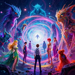 mysterious creatures, infinite quantum portal, synthwave, bright neon colors, highly detailed, cinematic, panoramic, tim white, michael whelan, roger dean, bob eggleton, lisa frank, vladimir kush, kubrick, kimura, isono