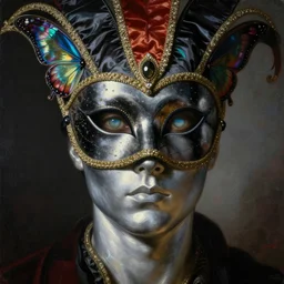 a baroque neoclassicist close - up portrait of the silver surfer gazing intensely with big glowing eyes wearing an uv blacklight retrofuturistic venetian carnival mask with iridescent butterfly wings and reflective silk at a masquerade. head, face and shoulders, foggy background. renaissance portrait painting. highly detailed science fiction painting by norman rockwell, frank frazetta, and syd mead. rich colors, high contrast, gloomy atmosphere, dark background. trending on artstation.