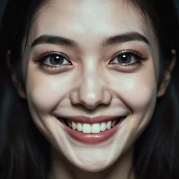 a manically smiling female human face with hypnotizing eyes staring at the camera, uncanny valley, disturbing, weird,