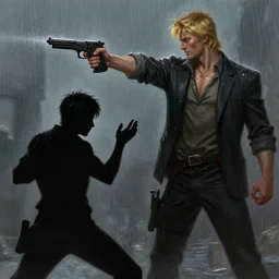 silhouette of fight between a young man with black hair and a tall blonde man armed with a handgun, raining, highly detailed, digital painting, artstation, concept art, smooth, sharp focus, illustration, art by artgerm and greg rutkowski and alphonse mucha