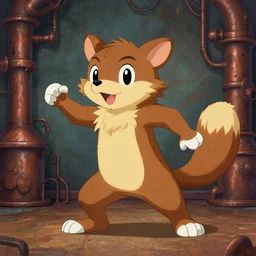 weasel bandit furry fursona animal character, mid - action pose on a painted elaborate industrial background by peder balke, fursona has [ a tail! ]