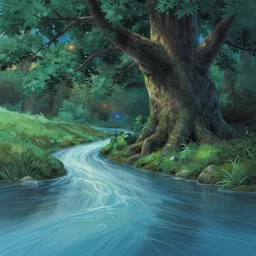 ethereal river flowing through a giant ancient tree, serene evening atmosphere, soft lens, soft light, cel - shading, animation, in the style of cgsociety, deviantart, artstation, zbrush, cinema 4 d, studio ghibli, akihiko yoshida, atelier lulua, masamune shirow