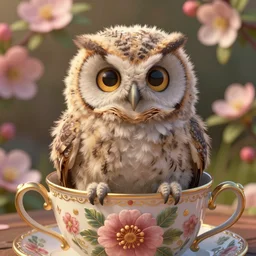 medium close - up shot of a very cute and relaxed fluffy!! furry!! owl chick sitting in a highly detailed floral ornamented cup, floral background of beautiful blossoms, by esao andrews, by m. w. kaluta, by pixar, volumetric light, rich colors, natural lighting, very humorous!!!, smooth, depth perception, 4 k, unreal engine 5, artstation