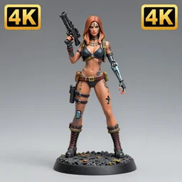 8 0 mm resin detailed miniature of a woman resembling kate upton as a post - apocalyptic warrior girl with tattoos & tribal face paint, bikini, tattered military gear, cybernetic, broken robot girl, holding a rocket launcher, on textured base, product introduction photos, 4 k, full body