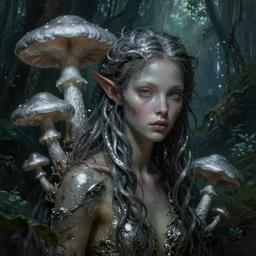 a close - up dark sci - fi fantasy portrait of a angelic alien nymph girl overgrown with silver mushrooms in a jungle. reflective textures. glowing fog in the background. highly detailed science fiction painting by norman rockwell, frank frazetta, and syd mead. rich colors, high contrast, gloomy atmosphere, dark background. trending on artstation