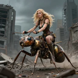 a beautiful blond woman riding a giant steampunk ant in a destroyed city, 8 k, moody lighting, shallow depth of field,