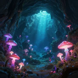deep sea cave, fantasy, neon mushrooms, illuminated by mushrooms, scenic underground environment, anime underwater landscape, cave, 8k, digital art, trending on art station
