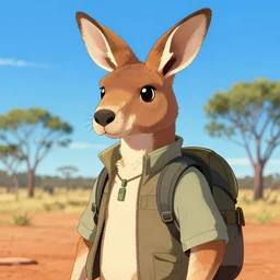 stylized three quarters portrait concept art of the anthro anthropomorphic kangaroo roo head animal person fursona wearing clothes hiker adventurer standing in australia outback, hidari, color page, tankoban, 4 k, tone mapping, akihiko yoshida, clean bright happy