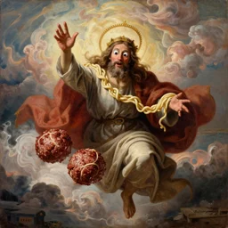 the flying spaghetti monster in all his glory, lord of creation, saint, holyness, dramatic lighting, epic cirrus clouds, googly eyes, noodly appendage, meatballs, hyper realistic classic painting, religious