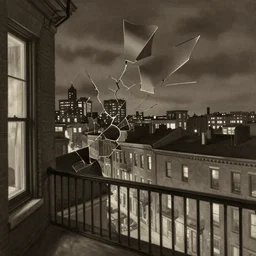 full color ultra realistic sepia - toned painting of a balcony view of 1 9 2 5 boston downtown at night, the sky is distorted and broken like a smashed mirror, dark, brooding, night, atmospheric, ultra - realistic, smooth, highly detailed