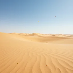 a sandy desert landscape with a few flower petals floating in the wind, digital art