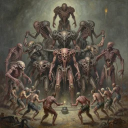 oil paint of 1 1 horrifying machines as autolysis idols, wearing flayed gods, in tiers, colossal medical gangrene machines in tiers, dethroning melee, battle pit, by shigeru komatsuzaki, by alberto bontempi, basil gogos, alex ross, wayne d barlowe, boris vallejo, stefano tamburini, torch light, muted colors
